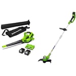 Greenworks Leaf Blower and Vacuum 48V Cordless 321km/h Air Speed, Brushless Motor Incl. 2 Batteries 4Ah & Charger GD24X2BVK4X & Greenworks Cordless String Trimmer Deluxe 24V 30cm G24LT30M