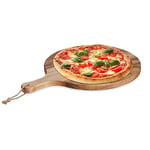 Relaxdays Planche à Pizza, Plateau Rond en Bois d’Acacia, diamètre de 35,5 cm, avec poignée, Nature
