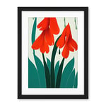 Wee Blue Coo Modern Abstract Crimson Red Bloom Wild Flowers Teal Leaves On White Artwork Framed Wall Art Print 18X24 Inch