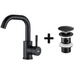 Robinet Lavabo Noir avec Barboteur Démotable, Rotation à 360°+Bonde Lavabo Bonde Pop-up avec Trop-plein Automatique Universelle,Noir - Auralum