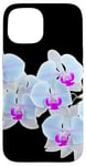 Coque pour iPhone 15 Magnifique orchidée Phalaenopsis bleu clair Formes noires Mania