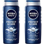 NIVEA MEN Gel douche 3-en-1 Protect & Care (1 x 500 ml), Gel douche homme à l’aloe vera, Soin nettoyant pour homme visage, corps et cheveux (Lot de 2)