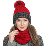 DonDon Bonnet d'hiver avec Pompon pour Dames Femme Bonnet tricoté doublé Chaud et Doux - Rosso Blu Beige