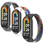 3 Pack Bracelet pour Xiaomi Mi Band 9/Xiaomi Smart Mi Band 8 Bracelet,Nylon Braided Stretch Solo Loop Bracelets Sport Band pour Xiaomi Band 8/Mi band 9 Bracelet,noir blanc/arc-en-ciel/denim,L