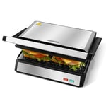 Aigostar Hett Pro - Grill Panini, Grills électriques Avec Plaques Antiadhésives. Récupérateur de Graisses Amovible, Ouverture à 180º, Deux Surfaces de Cuisson de 27 x 17cm, 1500W.