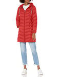 Tommy Hilfiger Women's Mid-length Puffer Hooded Down Jacket with Drawstring Packing Bag Down Coat, Crimson, L