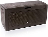 CASARIA® 310L Plastic Garden Storage Box | Rolling Wheels | Outdoor Cushion Patio Deck Box | Side Carry Handles | Lockable | Weather Resistant | 119x48x60cm | Woven Effect | Brown