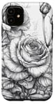 Coque pour iPhone 11 Rose Line Art floral botanique vintage