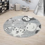 Tapis Enfant Chambre Enfant Rond Tapis De Jeux Garçon Fille Moderne Animaux Gris 120 cm rond - Paco Home