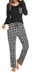 Lovasy Pyjama Femme Hiver Ensembles de Pyjama Femme en Coton Grande Taille Manche Longue 2 Pièces,Noir,XL