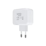 Chargeur Mural avec Double Port, Un USB-C et Un Port USB, Puissance de 27 W. Couleur Blanche, idéal pour Charger des appareils simultanément avec efficacité et rapidité.