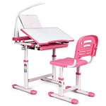 COSTWAY Bureau Enfant Ensemble Table et Chaise pour Enfants avec Lampe Hauteur Réglable Plaque de Table Inclinable pour Etude Travail Charge Max 80KG (Rose)