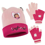 Gabby's Dollhouse Girls Winter Accessories Set Beanie Hat and Gloves Girls Gifts (Pink)