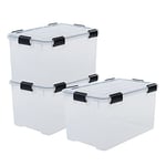 Iris Ohyama, Boite Rangement Hermétique, 70L, Lot de 3, Transparent, Couvercle avec Joint Etanche, 6 Clips de Fermeture, Empilable, pour Exterieur, Garage, Vetement, Anti Poussiere, Sans BPA, DDAT-LD