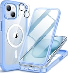 CENHUFO Magnétique Coque iPhone 15, Compatible avec MagSafe intégré Verre Trempé Protection écran et Protecteur Caméra [9H HD] 360° Antichoc Téléphone Housse Double Face Case Intégrale Etui - Bleu