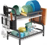 Dish Drying Rack 2-Tier Dish Drainer Storage with Drainboard for Knives Dishes