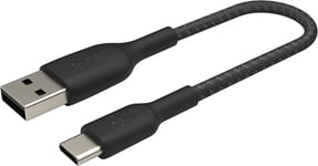 BoostCharge câble USB-C à gaine tressée, câble de recharge USB-C vers USB-A, câble USB Type-C pour iPhone 15, Plus, Pro, Pro Max, Samsung Galaxy S24, iPad Pro, Google Pixel, etc., 15 cm, noir