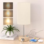 STANBOW Bedside Lamps, Touch Lamps Bedside with USB A+C Charging Ports, 3-Way Dimmable LED, Table Lamps for Living Room Bedroom Gift with Beige Shade-Wood Base (LED Bulb Included)