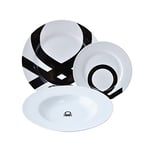 UNITED COLORS OF BENETTON Black & White | Service de vaisselle complet de 18 pièces en porcelaine | 6 assiettes plates, 6 à soupe et 6 à dessert | durable et résistant | lavables au lave-vaisselle