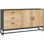 HOMCOM Buffet Salon Meuble de Rangement avec Placard, 3 tiroirs et étagère réglable, Pieds en Acier, poignées en Alliage d'aluminium, pour Salon, Salle à Manger, dim. 140 x 35 x 75 cm, Bois Naturel