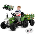 GOPLUS Tracteur Electrique Enfants avec Remorque 12V, Phare à LED et Musique, Voiture Electrique Enfants avec Télécommande Parental pour Enfants 3 Ans+, Charge Max 30KG(Vert Foncé)