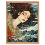 Dreaming of the Sea Woman Sleeping Egon Schiele Style Watercolour Painting Red Brown Blue Carried by Waves Art Print Framed Poster Wall Decor 12x16 in