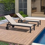 PURPLE LEAF Bain De Soleil Lot De 2 avec Table Textilène, Transat Jardin Extérieur Piscine Aluminium, Transat Piscine Chaise Longue Pliable 2 roulettes, Beige