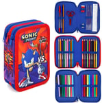 Sonic Le Hérisson 45 Pièce Triple Compartiment Fermeture Éclair Rempli Trousse