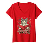 Womens Flowers Cat Reading Book Valentines Day Graphic Funny V-Neck T-Shirt