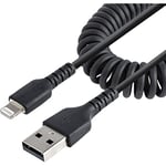 StarTech.com 50cm (20in) USB to Lightning Cable, MFi Certified, Coiled iPhone Charger Cable, Black, Durable TPE Jacket Aramid Fiber, Heavy Duty Coil Lightning Cable (RUSB2ALT50CMBC)