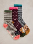 White Stuff Animal Faces Striped Socks, Pack of 3, Multi