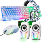 UK Layout 5-in-1 Wired Gaming Keyboard Mouse Sets Rainbow Backlit Usb Gaming Keyboard+2400DPI 6 Buttons Optical Rainbow LED Gaming Mouse+Gaming Headset+RGB Speakers+Mouse Pads for Computer/PC(White)