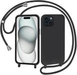 Coque Pour Iphone 15 Avec Cordon, Collier Étui Silicone Liquide Avec Tour De Cou Lanière En Corde Souple Tpu Antichoc Housse - Noir