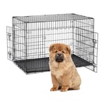 Relaxdays Cage pour Chien Pliable, Maison, Voiture, Transport, avec Fond, 2 Portes, HxLxP : 81x121x74 cm, Acier, Noir