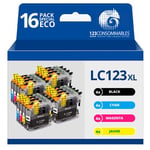 123CONSOMMABLES - LC123 - Pack 16 Cartouches Compatibles avec Brother LC123XL pour Imprimante DCP-J132W J152W J172W J552DW J752DW J4110DW MFC-J245 J6520DW J6720DW (4 Noir / 4 Cyan / 4 Magenta / 4 Jaune)