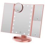 WEILY Miroir de Maquillage éclairé avec grossissement 3X / 2X, 21 Nuits LED Naturelles et Interrupteur Tactile, Piles et Alimentation USB Miroir cosmétique de Table réglable (Or Rose)