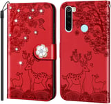 Pour Redmi Note 8 Coquemotif Deer En Relief Pu Leather Card Slots Wallet Magnétique Redmi Note 8 Étui Shockproof Glitter Bling Diamonds Phone Case Redmi Note 8 Protective Housserouge