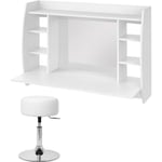 Ml-design - Coiffeuse Table de Maquillage Murale Blanc, 110x75x48,5 cm, avec Miroir et Tabouret Blanc, 6 Étagères de Rangement, en Bois mdf, Commode