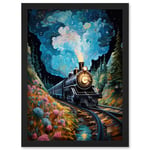 Train Ride to Imagination Land Conceptual Art Oil Painting Dream Journey Railroad Artwork Framed Wall Art Print A4