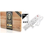 Deer & Oak - Premium Wooden Chopping Board - X-Large 45 x 30 x 2cm Bamboo Cutting Board & Heavy Duty Extension Lead UK Pin Plug and Cable, 4 Gang Way 2m Power Adapter