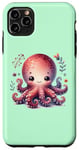 Coque pour iPhone 11 Pro Max Fond vert avec pieuvre souriante mignonne