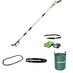 Greenworks Élagueuse sur Perche, Longueur Guide-Chaîne 20cm, SANS Batterie 24V 2Ah Chargeur + Greenworks 20cm Chaîne + Greenworks 20cm Guide-chaîne + Sac à déchets de jardin Greenworks 120 L