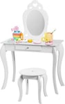 Coiffeuse Princesse Europeenne Table de Maquillage pour Enfant avec Tabouret Miroir et Tiroir en MDF Pieds en Bois de Pin