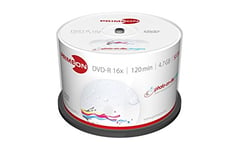 PRIMEON DVD-R 4.7GB/120Min/16x Cakebox (50 Disc), photo-on-disc ultragloss Surface, Water resistant Inkjet Fullsize Printable