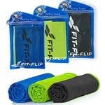 Fit-Flip Set of 3 Cooling towel - cool down towel - microfibre ice towel for sport and sweat - stay cool Airflip towel for neck - cold towel for yoga (black-green/green/dark blue-green, 100x30cm)