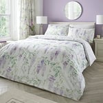 Dreams & Drapes - Purple Floral Wisteria Duvet Cover - Double Bedding Size (200 x 200cm) - Reversible Design (Purple Stripe) - Easy Care & Washable - Flower Duvet Cover in Lilac/Lavender Colour