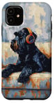 Coque pour iPhone 11 Chien noir russe terrier mélomane peinture chien