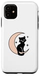 Coque pour iPhone 11 Chat noir mystique sur croissant de lune avec étoiles art céleste