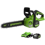 Greenworks GD24CS30K4 Cordless Chainsaw with Brushless Motor, 30cm Bar Length, 7.8m/s Chain Speed, Auto-Oiler, Kickback Protection, 24V 4Ah Battery & Charger, 3 Year Guarantee