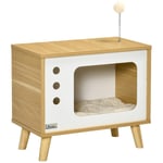 Katthus I Tv-Design, Lekboll & Kudde Ingår, Kattkorg, Ek/Beige/Vit, 50X28X43Cm